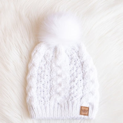 White Cable Knit Faux Fur Pompom Beanie Fleece Lined Women's Winter Hat
