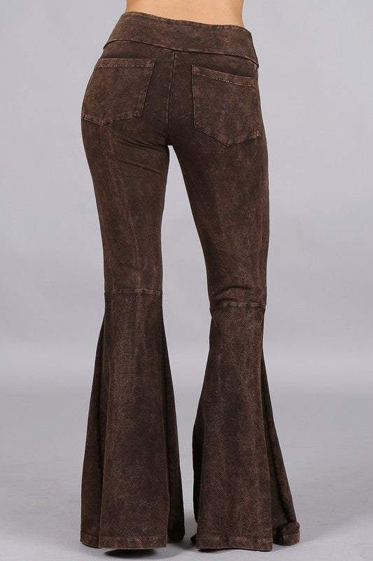 Brown Mineral Wash French Terry Flared Bell Bottom Pull On Pants w/ Pockets