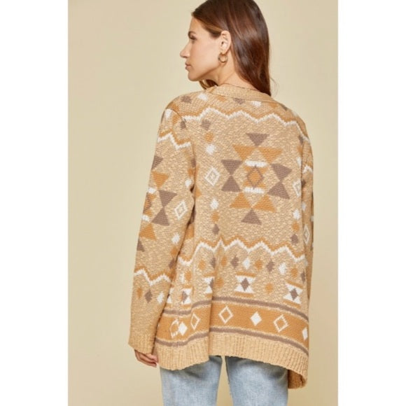 Taupe Gray Boho Aztec Geometric Open Cardigan Sweater Casual Boho Womens