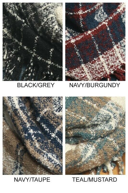 Navy & Taupe Soft Knit Plaid Infinity Tassel Fringe Womens Scarf