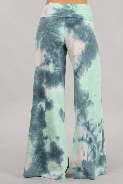 Teal Green Tie Dye Wide Leg Palazzo Relaxed Fit Foldover Waist Lounge Pants