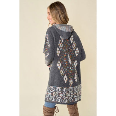 Gray Aztec Rainbow Western Hooded Knit Cardigan Long Sleeve Open Sweater