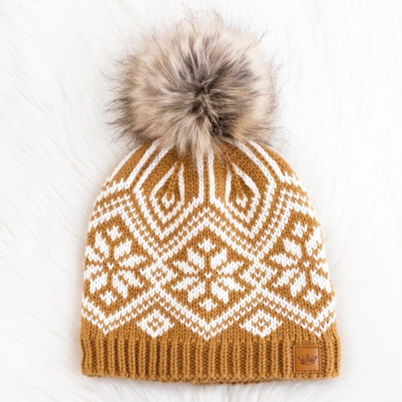 Camel Snowflake Fleece Lined Knit Pompom Beanie Winter Womens Hat