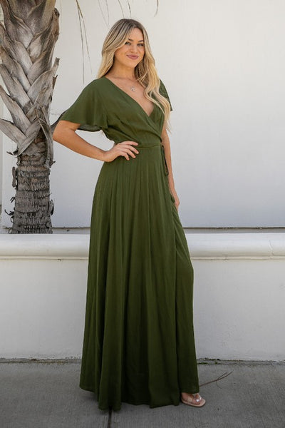 Olive Green Short Flutter Sleeve Wrap Spring Maxi Dress