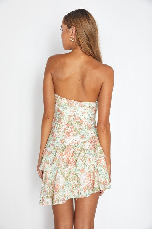 Floral Strapless Sweetheart Asymmetrical Layered Cocktail Mini Dress