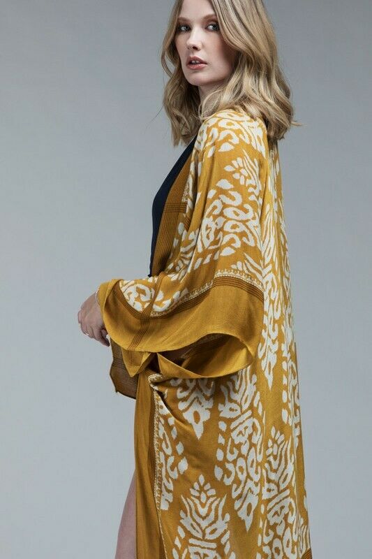 Mustard Damask Print Pompom Accent Boho Kimono Womens One Size