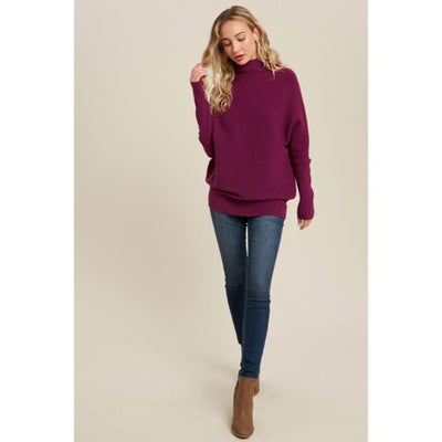 Plum Slouch Neck Dolman Knit Pullover Sweater Long Sleeve Casual Womens