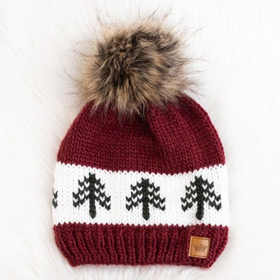 Burgundy Green Pine Evergreen Tree Holiday Knit Faux Fur Pom Beanie Winter Hat