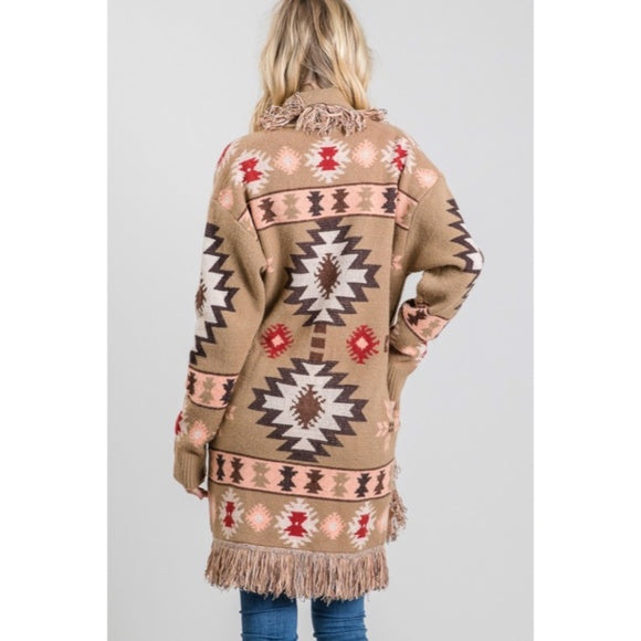 Taupe Western Native Tribal Aztec Boho Fringe Knit Open Cardigan Sweater