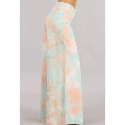 Peach Mint Tie Dye Wide Leg Palazzo Relaxed Fit Foldover Waist Lounge Pants