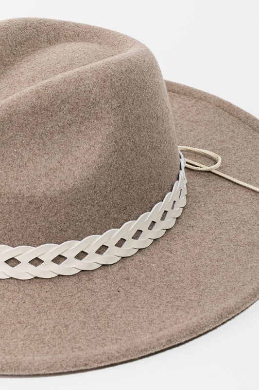 Gray Bohemian Braided Strap Flat Brim Fedora Hat