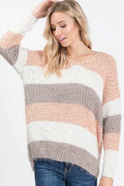 Blush Pink Striped Eyelash Popcorn Long Sleeve Casual Sweater Womens