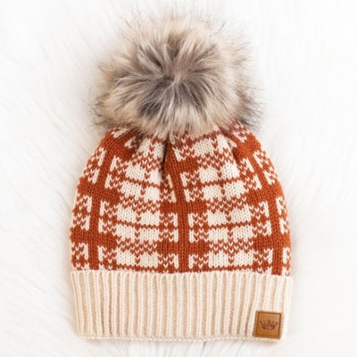 Pumpkin Rust Plaid Knit Faux Fur Pompom Lined Women's Knit Winter Beanie Hat