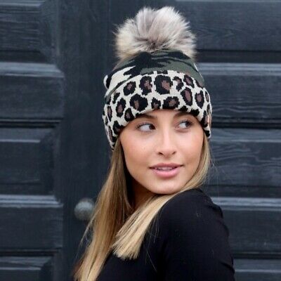 Camo & Leopard Fleece Lined Faux Fur Pom Winter Beanie Hat Womens