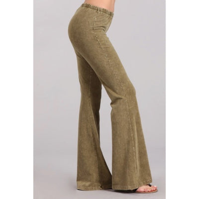 Light Olive Boho Mineral Wash Flared Bell Bottom Stretch Pull On Pants Womens