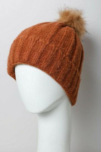 Rust Soft Knit Faux Fur Pompom Womens Winter Beanie Hat
