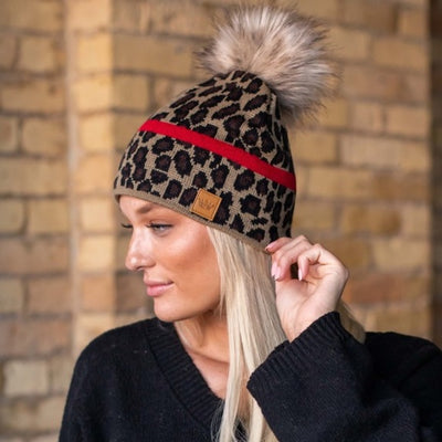 Leopard Animal Print Red Stripe Knit Faux Fur Fleece Lined Beanie Winter Hat