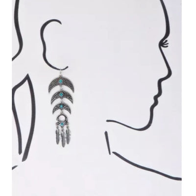 Triple Crescent Feather Turquoise Stone Earrings