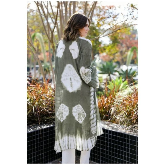 Olive Tie Dye Kimono Duster Wrap Coverup Casual Womens