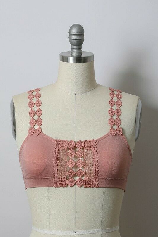 Rose Pink Boho Crochet Appliqué Padded Bralette Womens