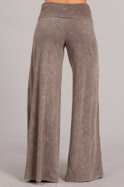 Taupe Mineral Wash Wide Led Foldover Over Waistband Casual Boho Womens Pants