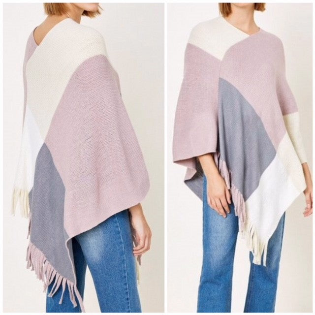 Pink Colorblock Knit Sweater Fringe Poncho Womens One Size