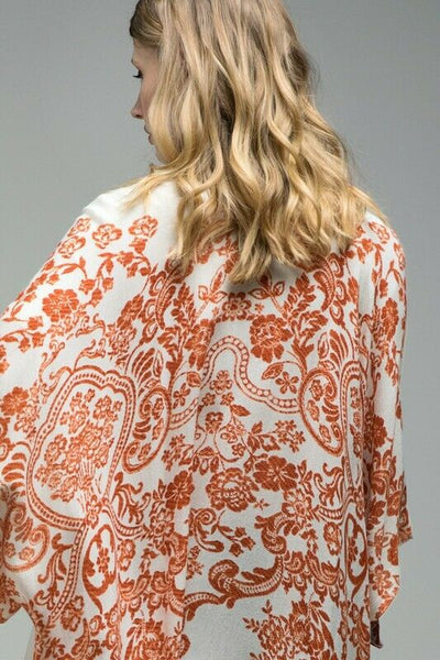 Rust Damask Floral Print Sheer Kimono Boho Womens Casual Wrap Coverup