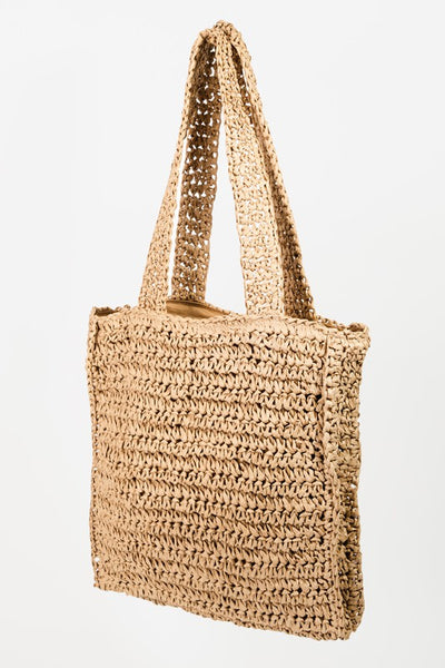 Khaki Floral Straw Braided Woven Pattern Tote Bag