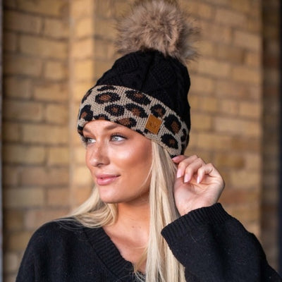 Black Leopard Cable Knit Faux Fur Pom Fleece Lined Women's Winter Beanie Hat