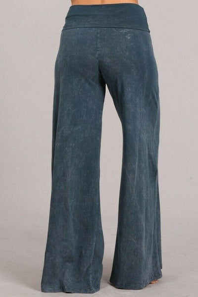 Blue Gray Mineral Wash Wide Led Foldover Over Waistband Casual Boho Womens Pants