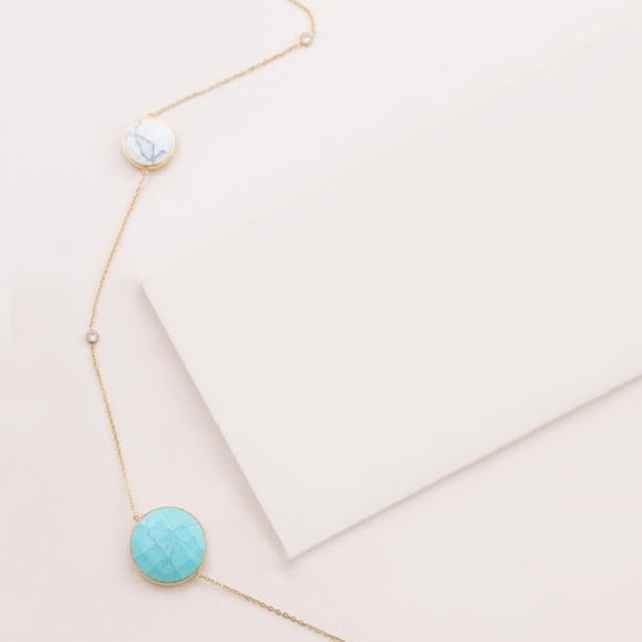 White Turquoise Bohemian Style Stone Gold Long Necklace 14K Plating