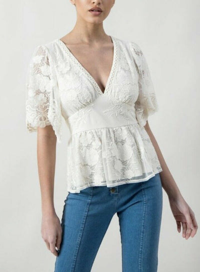 Dainty Cream Floral Lace Peplum Floral Top Casual Boho Blouse Womens