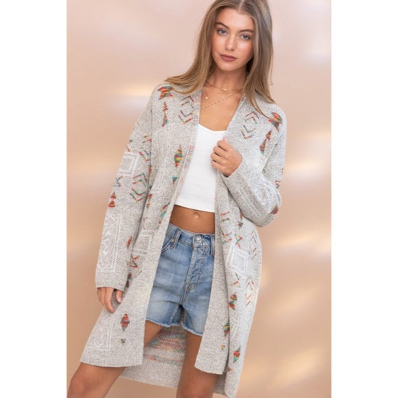Gray Colorful Aztec Tribal Western Marled Open Knit Cardigan Long Sleeve Sweater