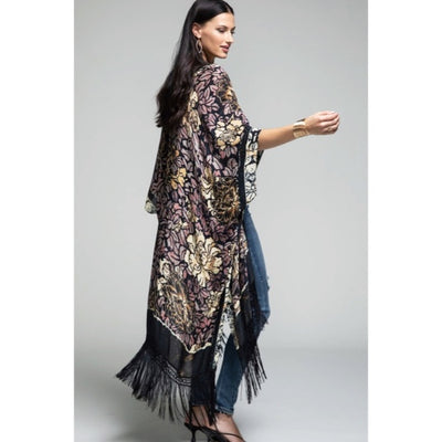 Delphi Floral Motif Tassel Kimono Duster Full Long Maxi Length Coverup Wrap