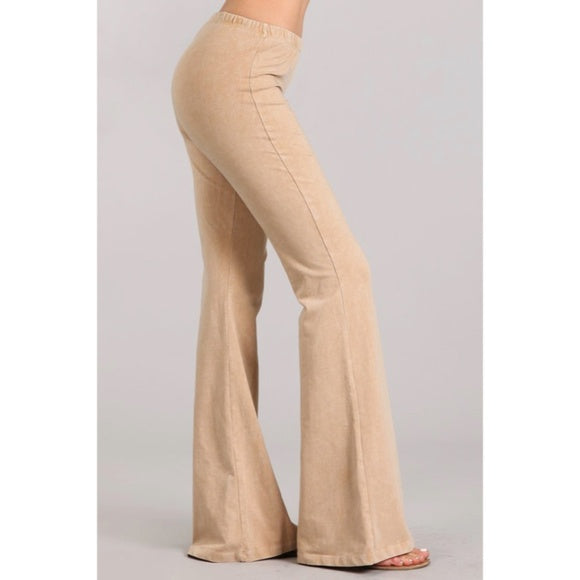 Beige Boho Mineral Wash Flared Bell Bottom Stretch Pull On Pants Womens