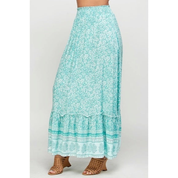 Green Tea Floral Gypsy Boho Bohemian Border Full Length Ruffle Casual Maxi Skirt