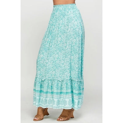 Green Tea Floral Gypsy Boho Bohemian Border Full Length Ruffle Casual Maxi Skirt