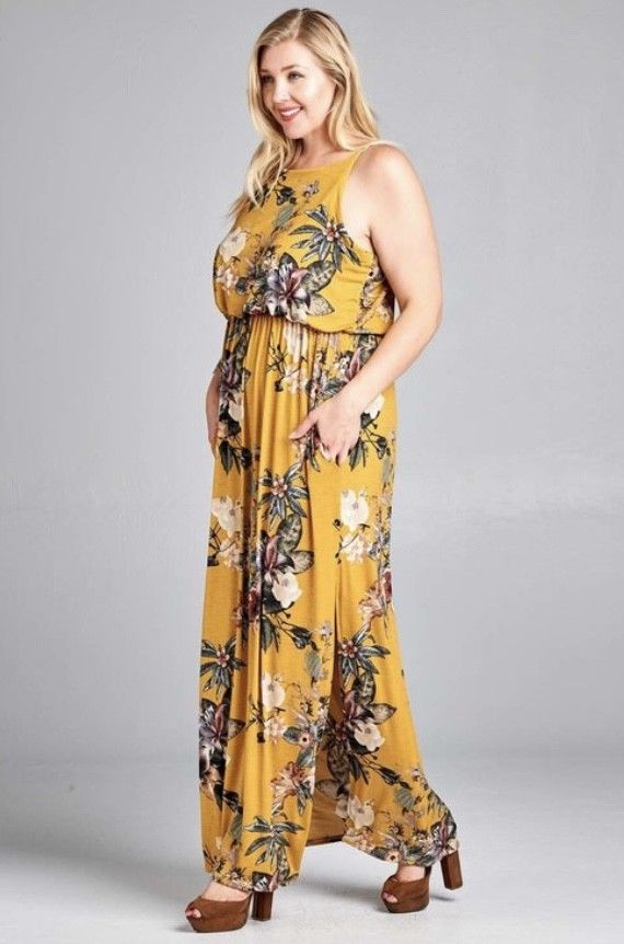 Plus Mustard Floral Maxi Dress Side Slit Casual Pockets Full Length