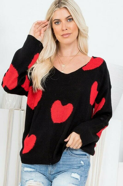 Black Red Multi Heart Knit V-Neck Valentines Day Long Sleeve Relaxed Sweater