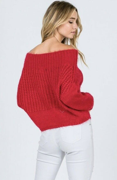 Red Off Shoulder Knit Long Sleeve Sweater Womens Casual