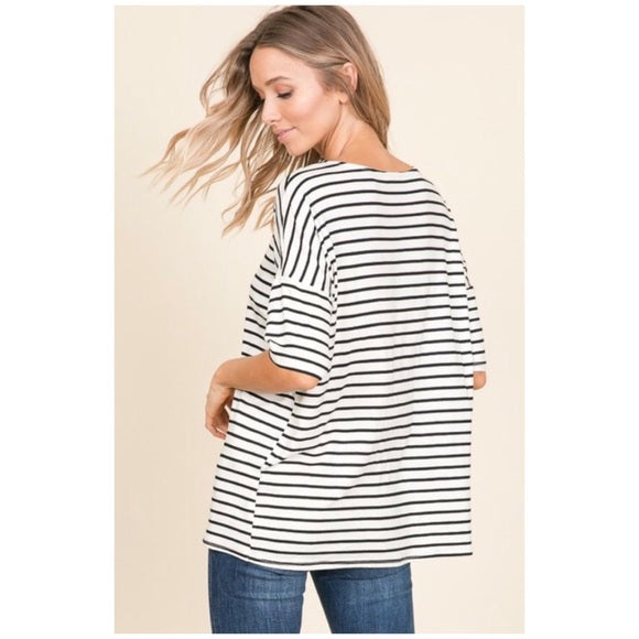 Black & White Striped Casual Relaxed Fit Casual Short Sleeve Top Women's