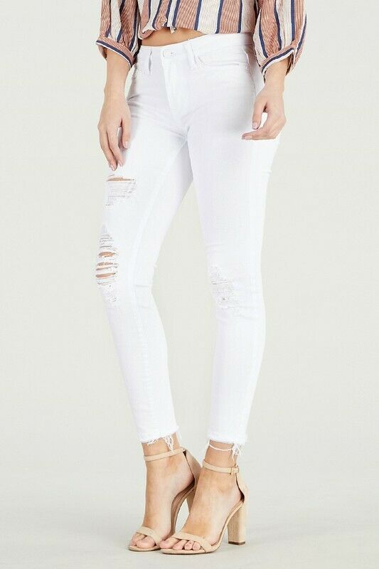 Judy Blue White Mid Rise Destroyed Hem Cropped Skinny Jeans Womens Casual