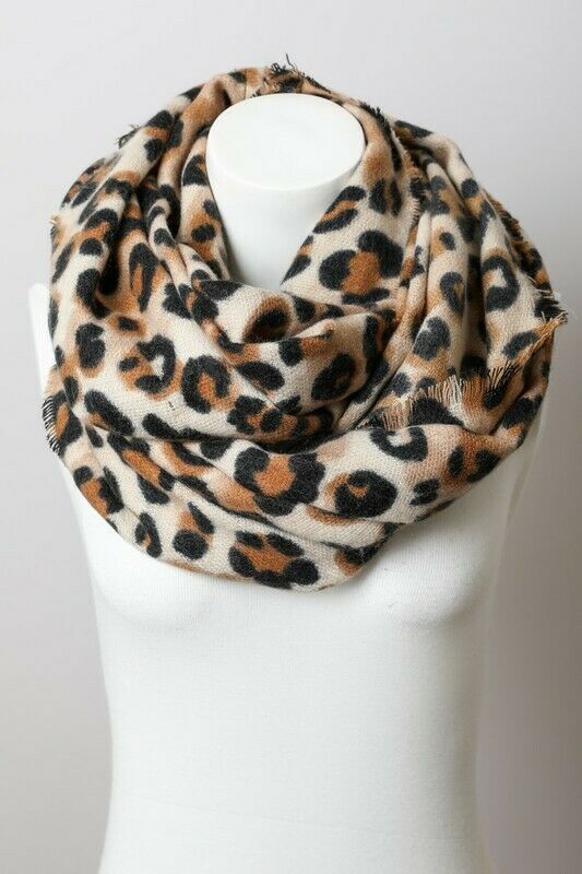 Basic Leopard Animal Print Frayed Hem Knit Infinity Scarf Womens