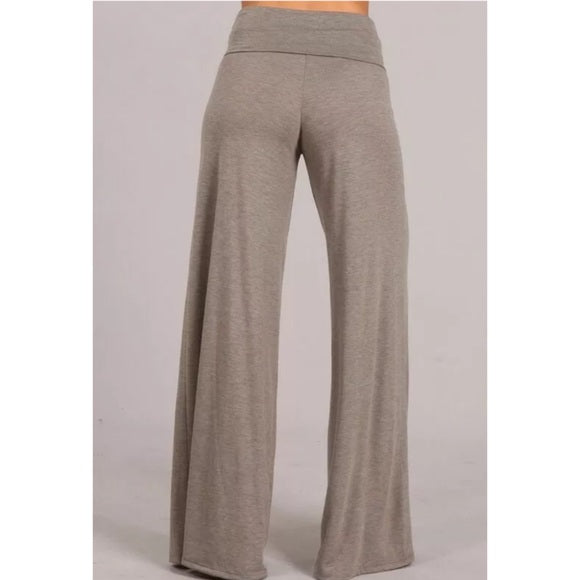 Heather Taupe Casual Wide Leg Solid High Foldover Waist Palazzo Casual Womens Pant