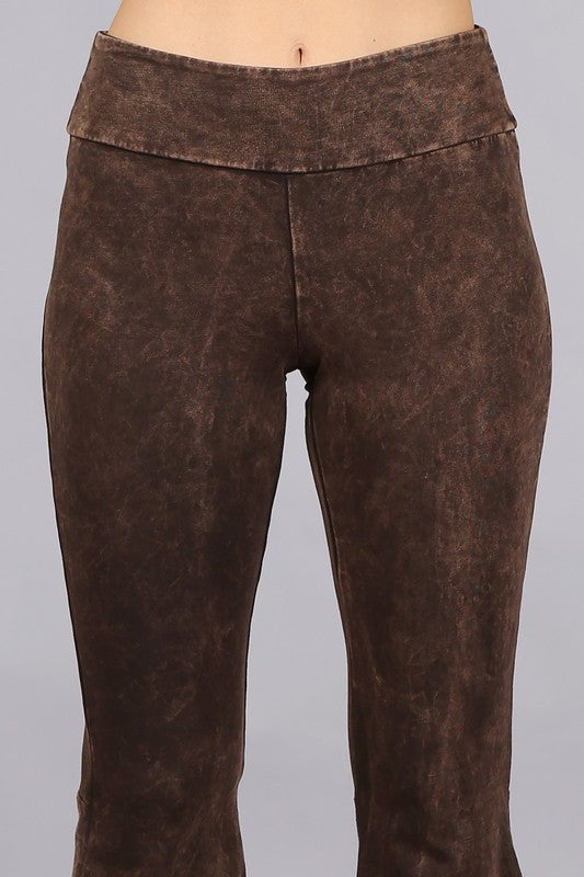 Brown Mineral Wash French Terry Flared Bell Bottom Pull On Pants w/ Pockets