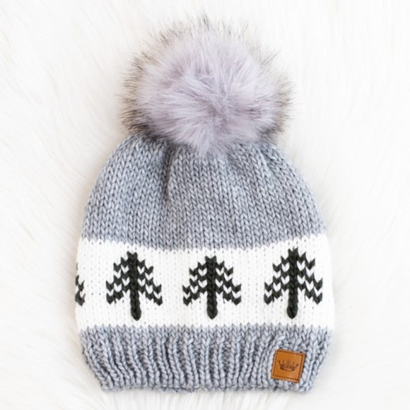 Gray White Green Pine Evergreen Tree Holiday Knit Faux Fur Pom Beanie Winter Hat
