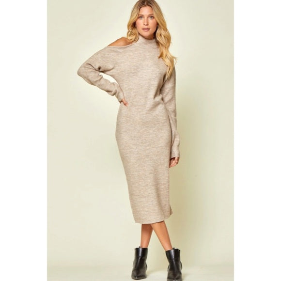 Oyster Cold Shoulder Knit Midi Sweater Stretchy Sexy Dress Womens