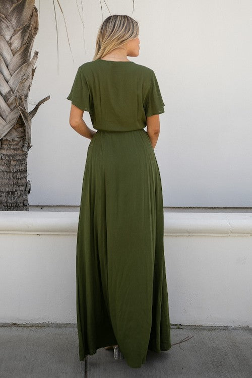 Olive Green Short Flutter Sleeve Wrap Spring Maxi Dress
