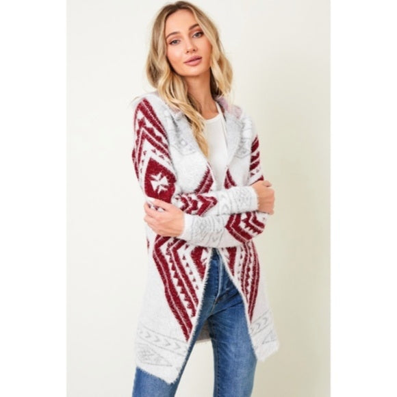Wine Fuzzy Soft Knit Long Sleeve Aztec Tribal Native Western Cardigan Sweater