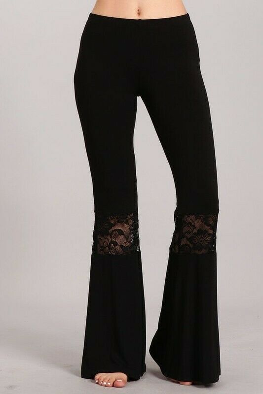 Black Lace Boho Inset Bell Flared Elastic Waist Pull On Womens Casual Pants
